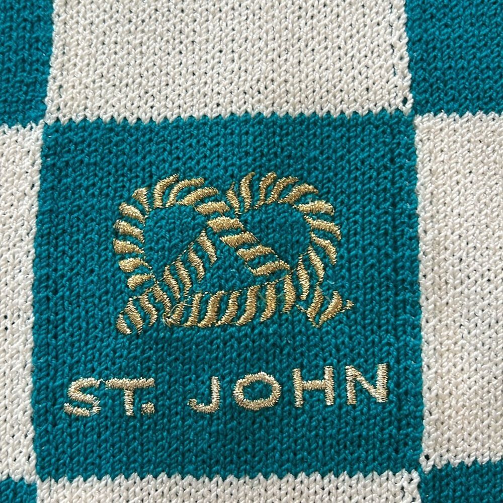 Vintage St John Nautical Sweater Gold Embroidered Anchor Checkered Knit USA L - Picture 13 of 14